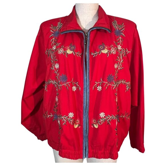 Koret City Blues Embroidered Floral Red Jacket Zipper Closure Size L Coat VTG - Picture 8 of 9